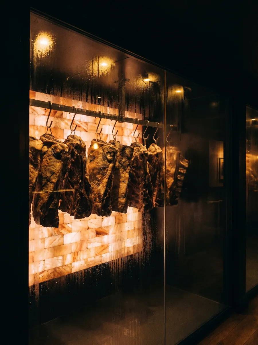 The dry-aging room: sides of British beef hanging behind glass against a glowing Himalayan salt wall