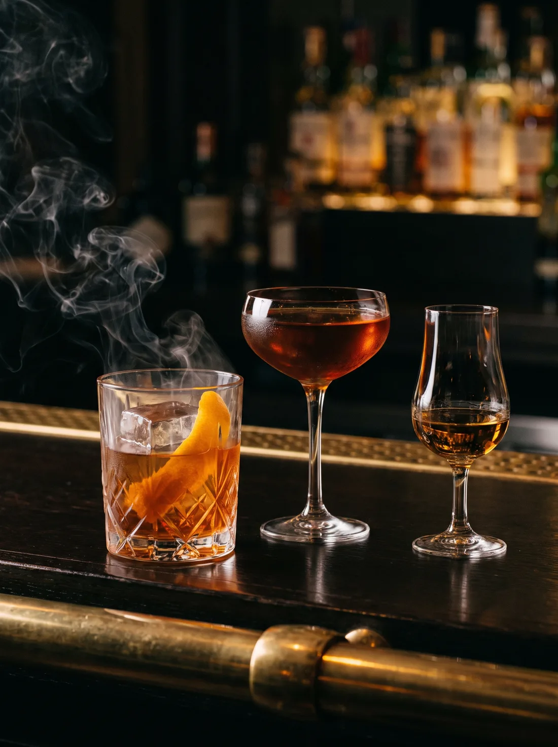 Three drinks on the bar at Smithfield and Sterling: a smoked old fashioned over a large clear ice cube with an orange twist, an amber cocktail in a coupe, and a single malt whisky in a tasting glass, with backlit bottles behind