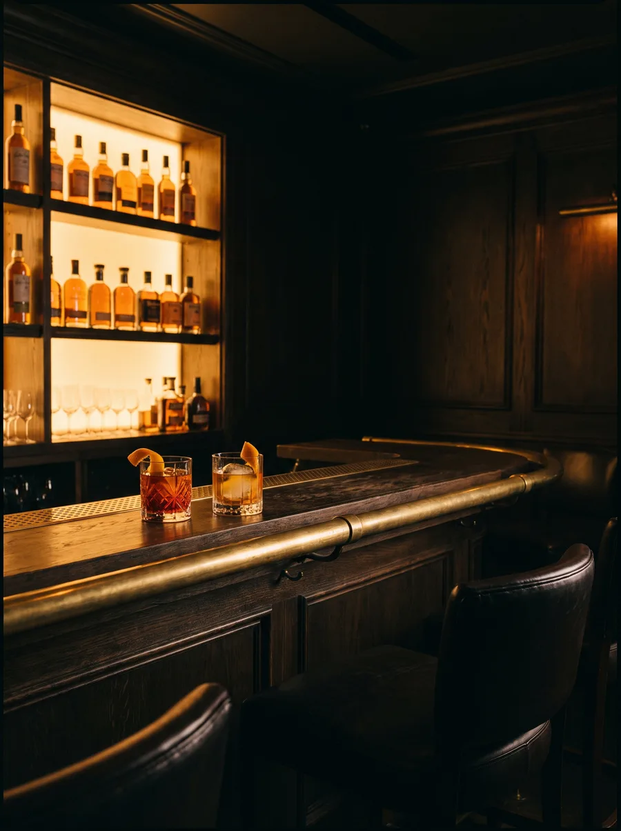The bar: brass rail and backlit whisky shelves, a negroni and an old fashioned on dark oak