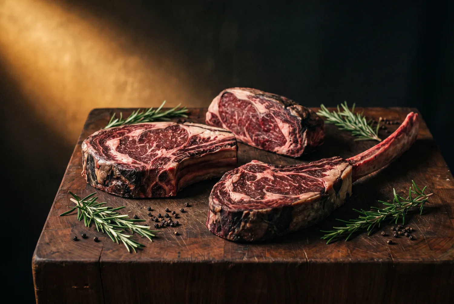 Dry-aged British cuts on a dark butcher's block: a bone-in ribeye, a sirloin and a tomahawk, with rosemary and peppercorns