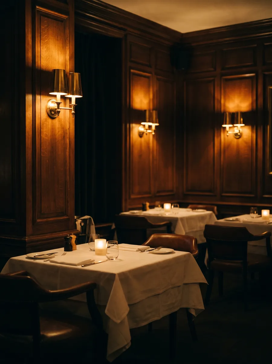 The candlelit dining room at Smithfield & Sterling: dark oak panelling, brass sconces and white-linen tables