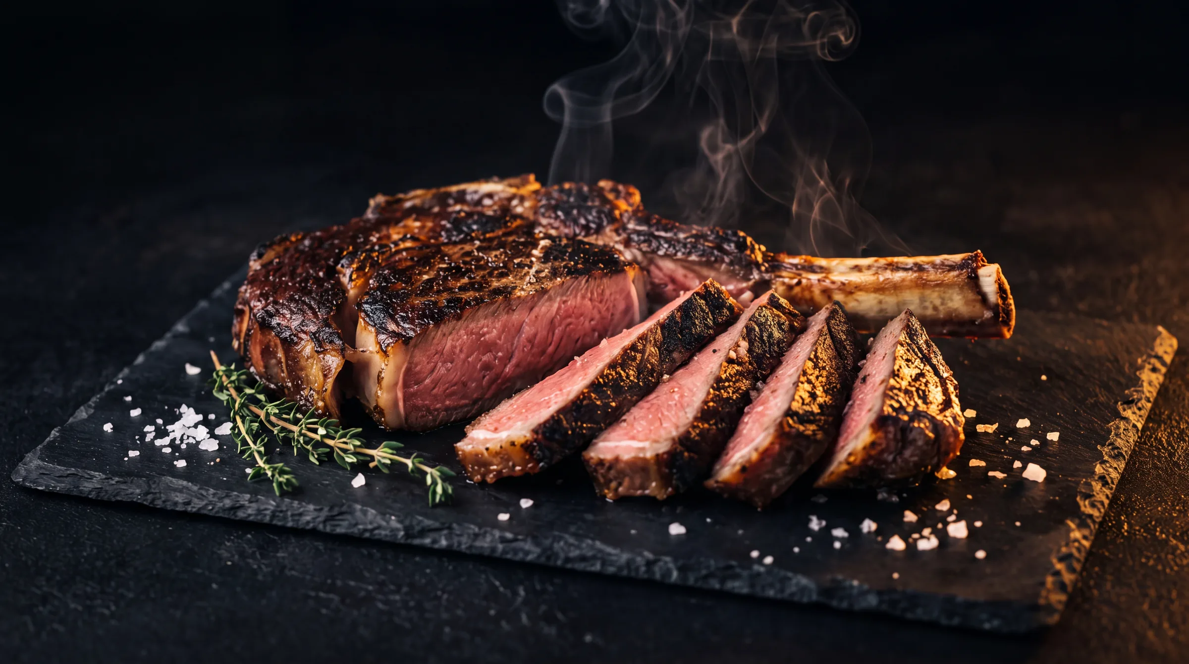 A dry-aged bone-in ribeye, sliced to a rosy medium-rare and resting on dark slate, seared over charcoal