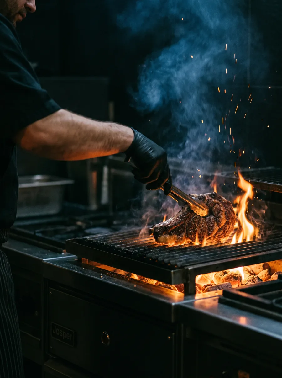 A chef searing a bone-in steak over the Josper charcoal grill, flames and glowing embers