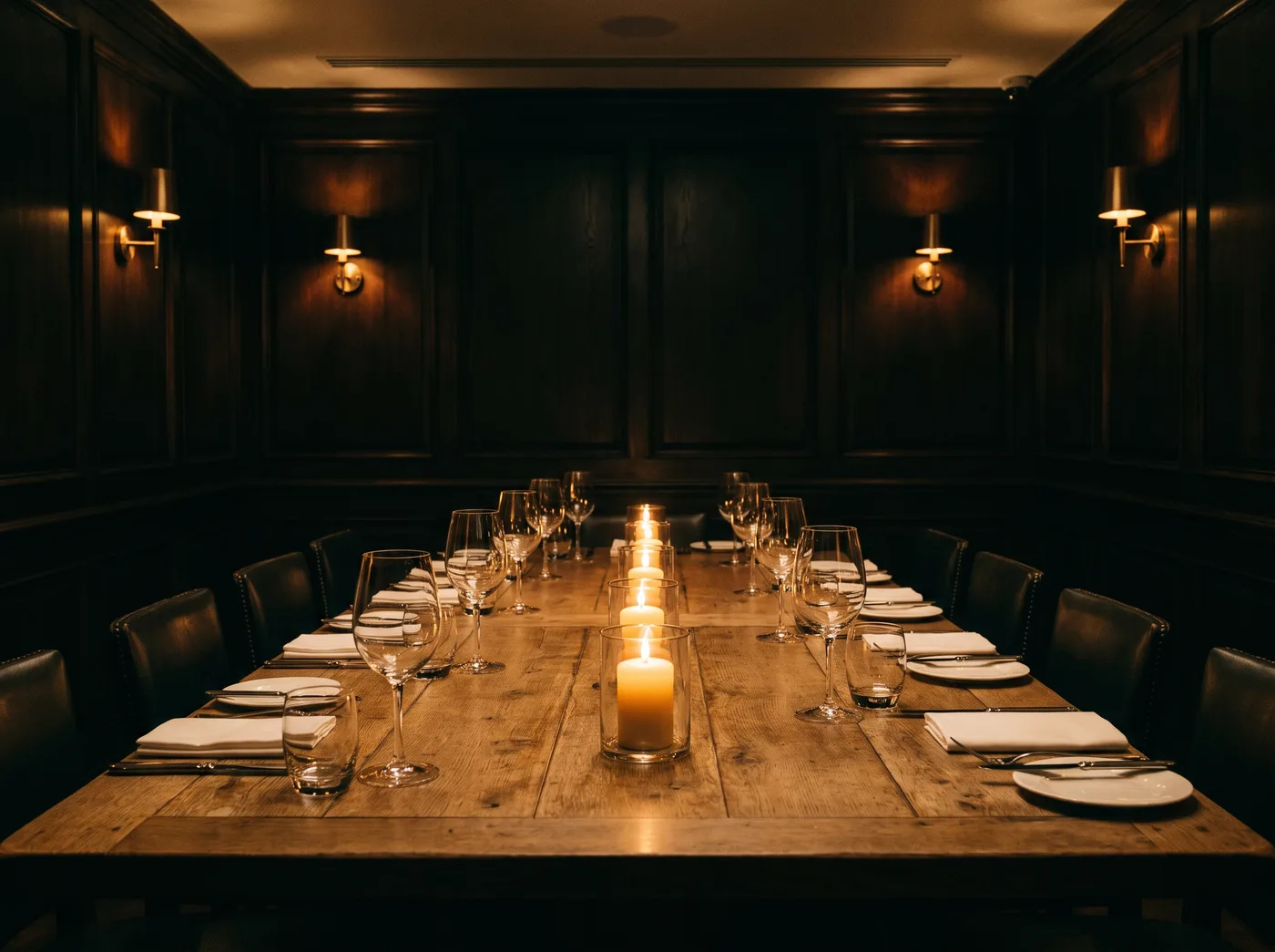 The Sterling Room: a candlelit private dining room with one long oak table set for fourteen under brass sconces